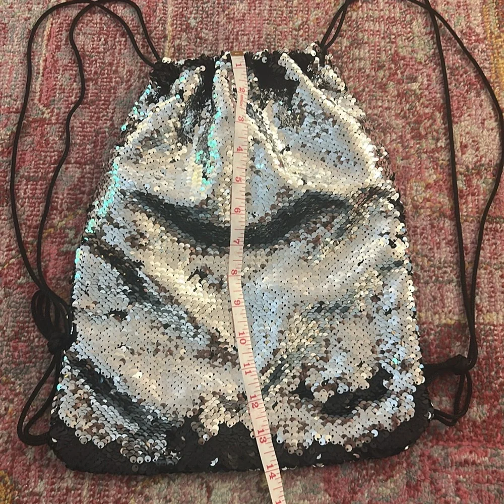 Silver + Black Sequin Drawstring Backpack - Picture 3 of 4